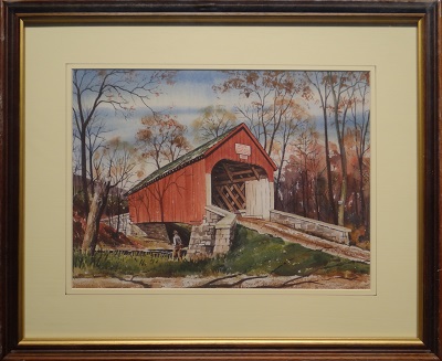 Picture of Haupt's Covered Bridge (Item # 3300) by Fred Bees with 1-inch walnut with gold lip frame